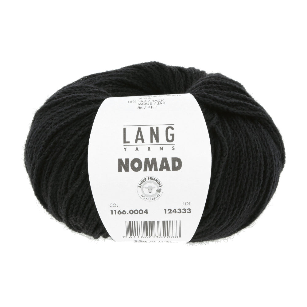 Black yarn skein with a Lang Yarns label on a white background