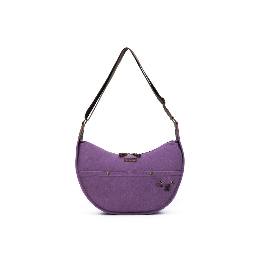 Purple shoulder bag with a strap on a white background