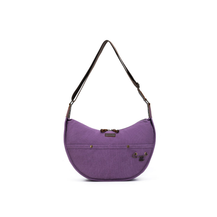 Purple shoulder bag with a strap on a white background