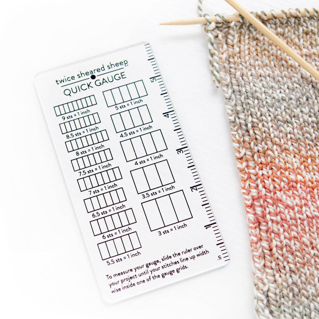 Knitting gauge chart with a knitted swatch on a white background