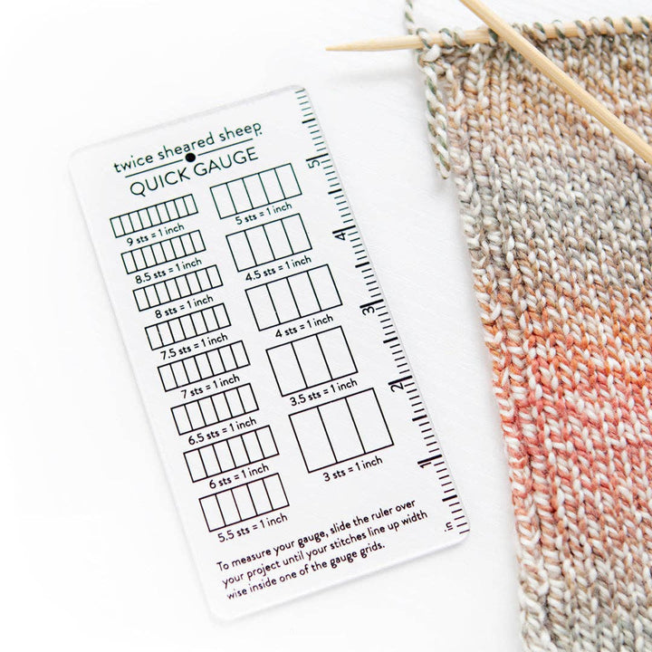Knitting gauge chart with a knitted swatch on a white background