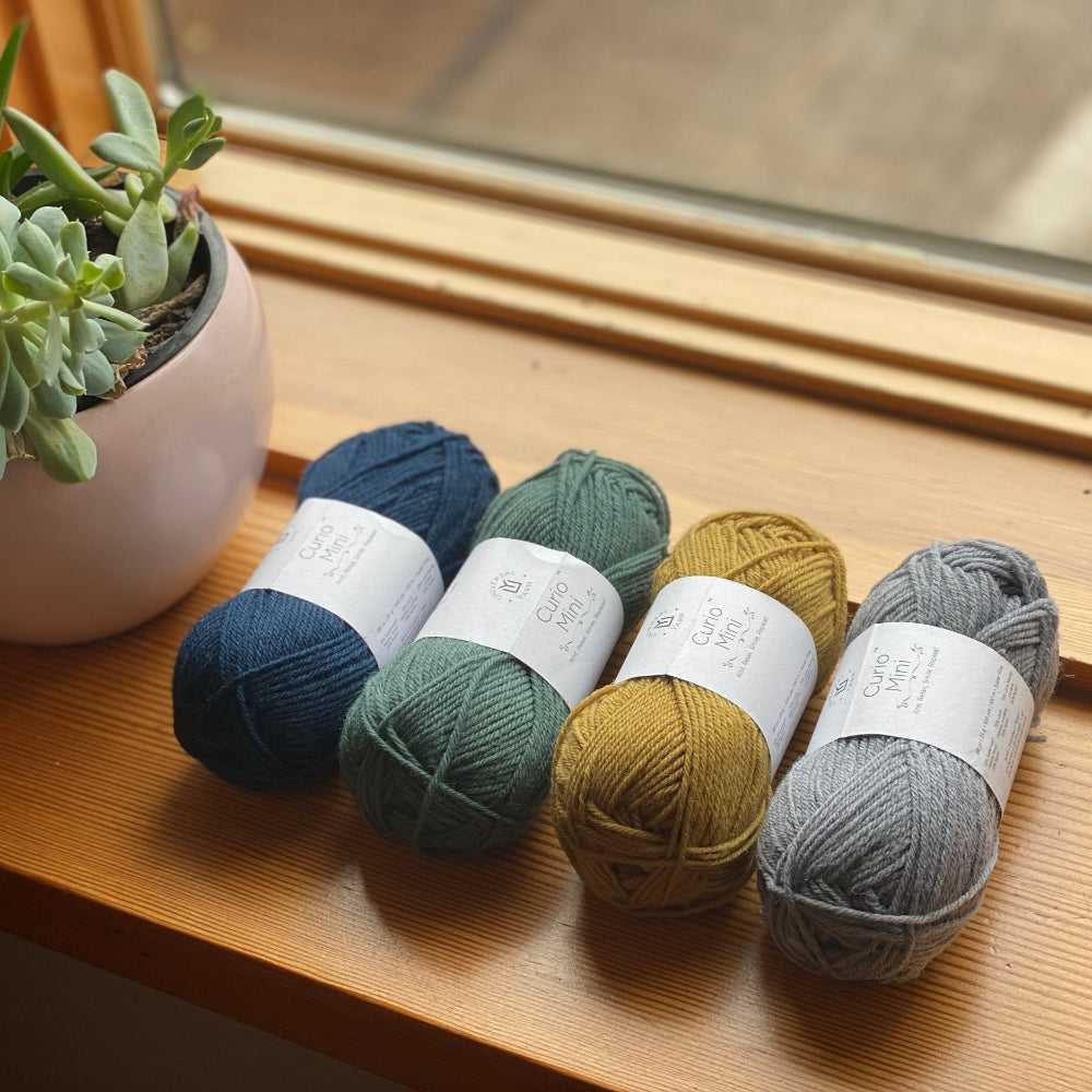 Four skeins of fingering weight yarn in various colors placed on a windowsill next to a small potted plant.
