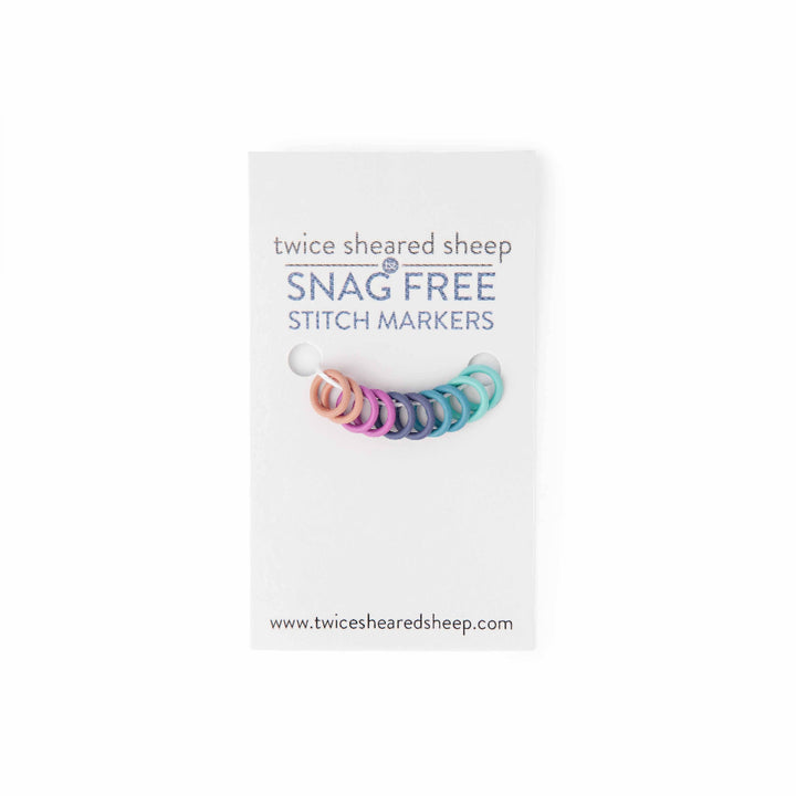 Packaging of Twice Sheared Sheep snag free stitch markers on a white background