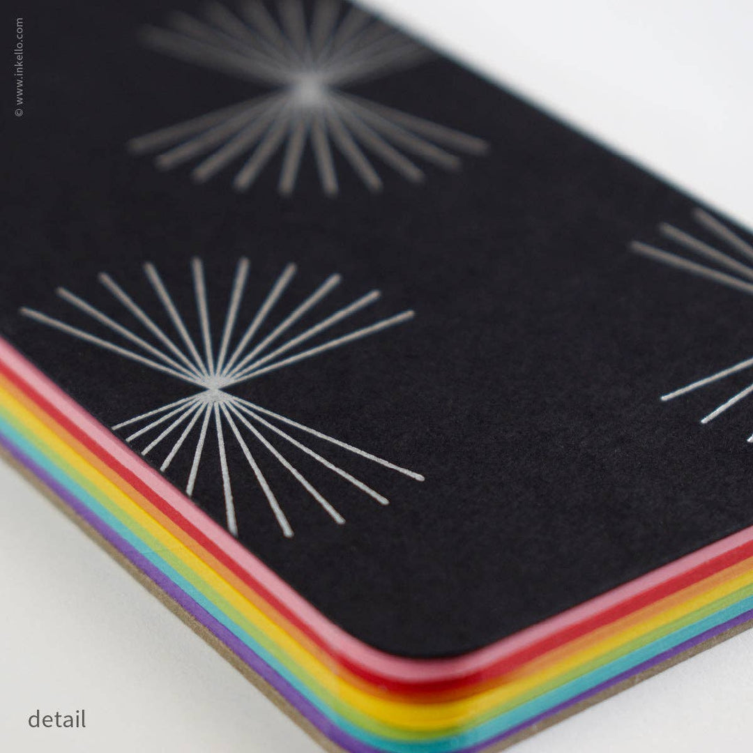 Small Black Spiral Notepad With Bursts + Rainbow Pages