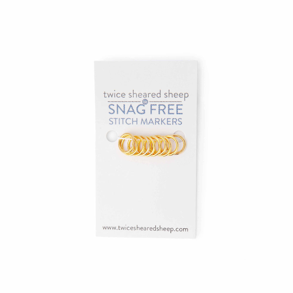 Pack of snag-free stitch markers with gold markers on a white background