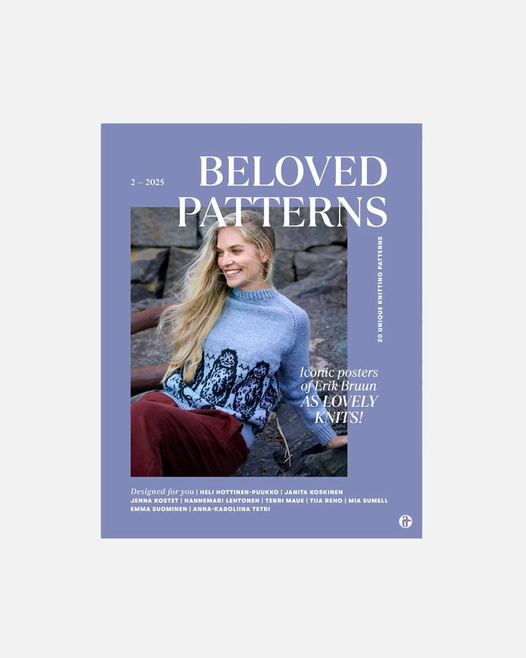 Magazine cover titled 'Beloved Patterns' featuring a woman wearing a knitted sweater.