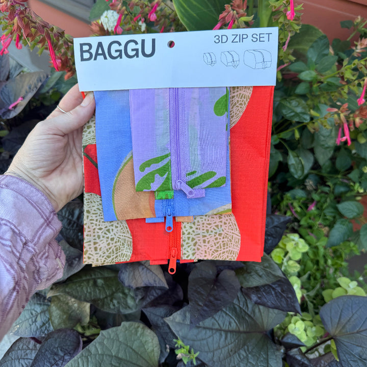Hand holding a set of colorful bags with a 'Baggu' label against a plant background