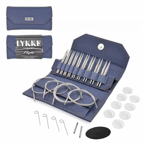 LYKKE knitting needle set with blue case on a white background