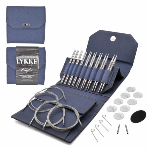 LYKKE knitting needle set with blue case on a white background