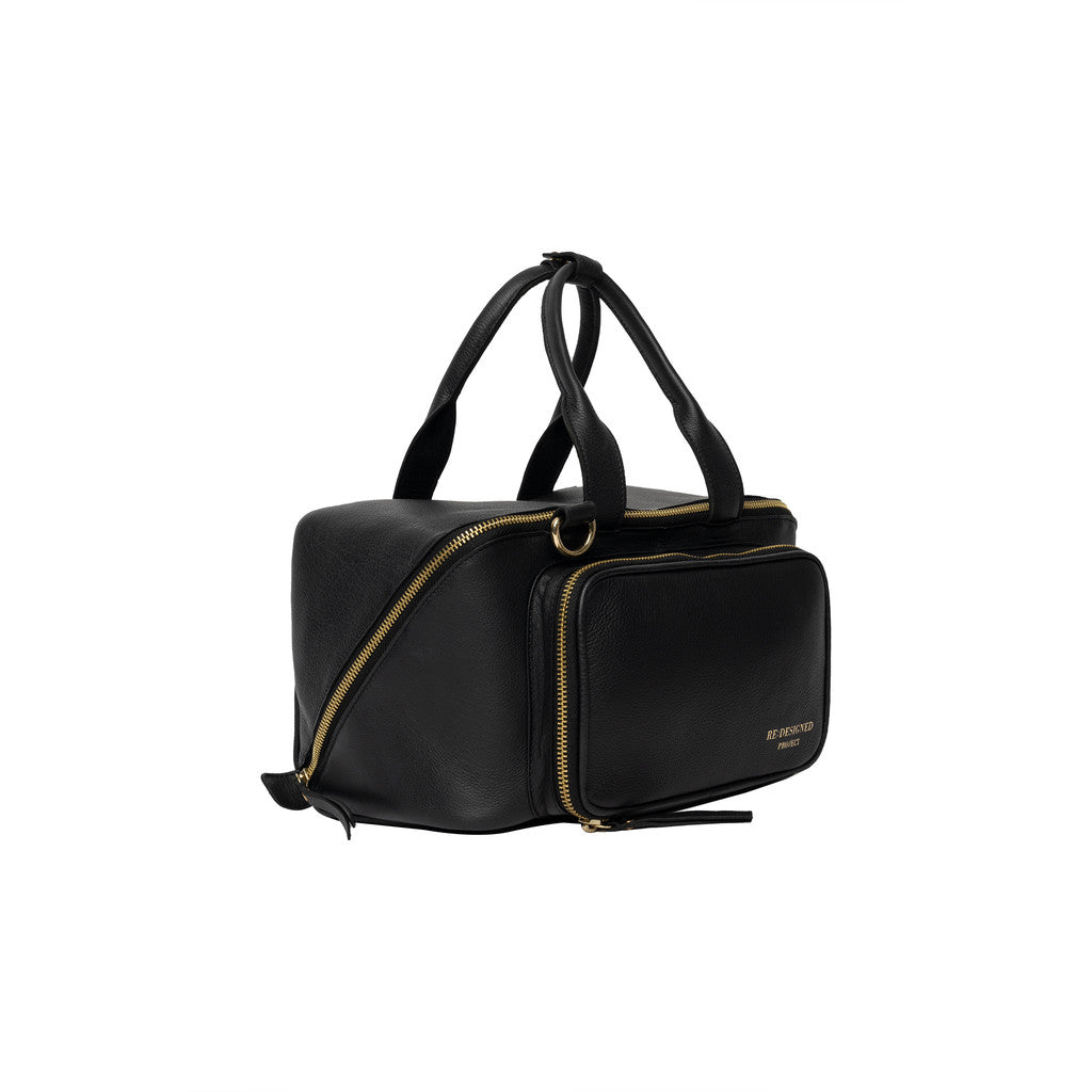 Black handbag with gold zipper on a white background
