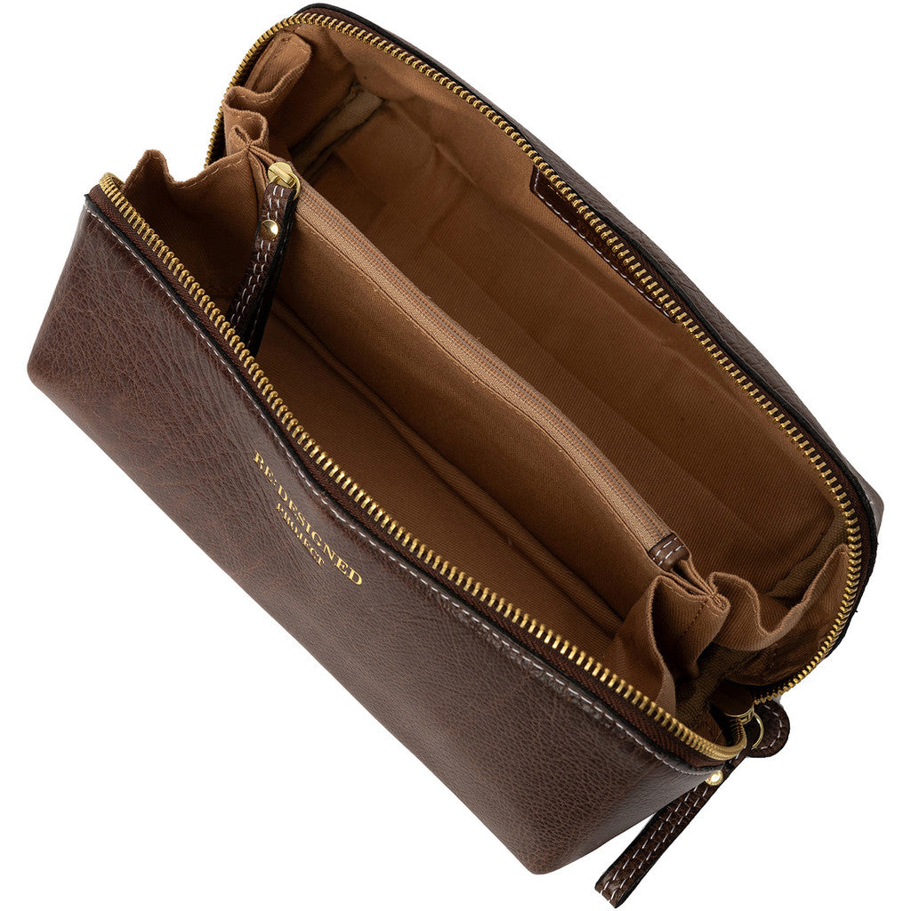 Brown leather clutch bag with gold zipper on a white background