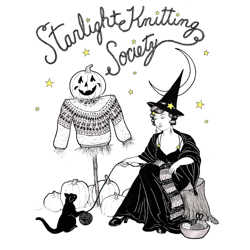 Illustration of a witch with a pumpkin and sweater, featuring 'Starlight Knitting Society' text.