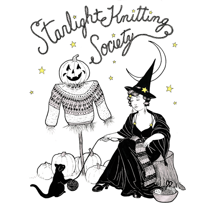 Illustration of a witch with a pumpkin and sweater, featuring 'Starlight Knitting Society' text.