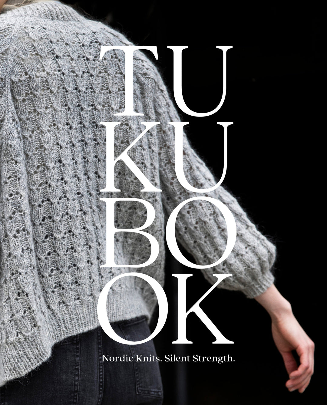 Book cover with 'TUKO BOOK' and 'Nordic Knits, Silent Strength' text, featuring a person wearing a knitted sweater.