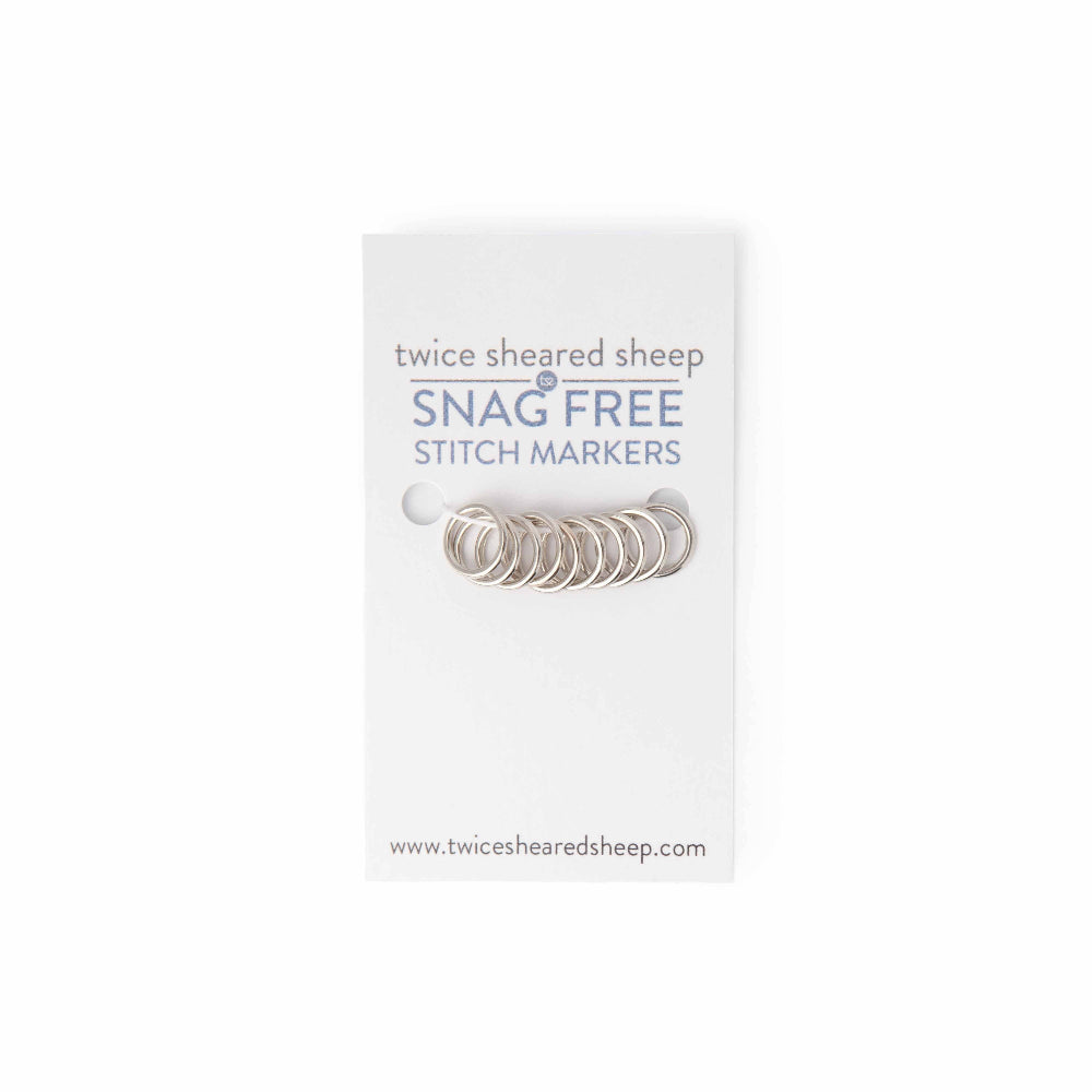 Pack of snag free stitch markers with 'twice sheared sheep' branding on a white background