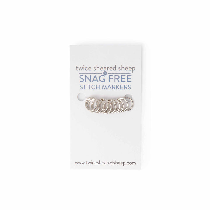 Pack of snag free stitch markers with 'twice sheared sheep' branding on a white background