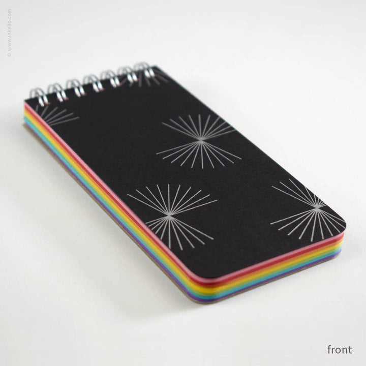 Small Black Spiral Notepad With Bursts + Rainbow Pages